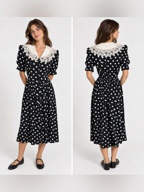 Vintage LG STAR Art Deco Modern 40’s 50’s Dress Black 12 Contrast Collar Lace